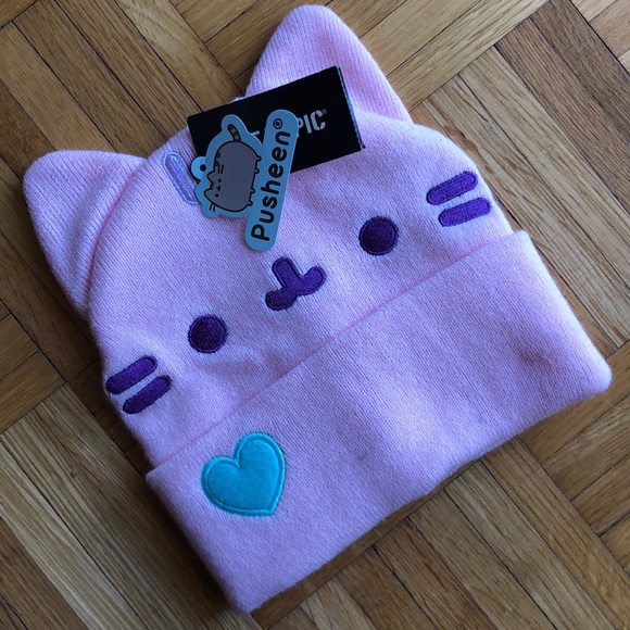 Pusheen Accessories - Pusheen the Cat Pink w/ Teal Heart Knit Hat